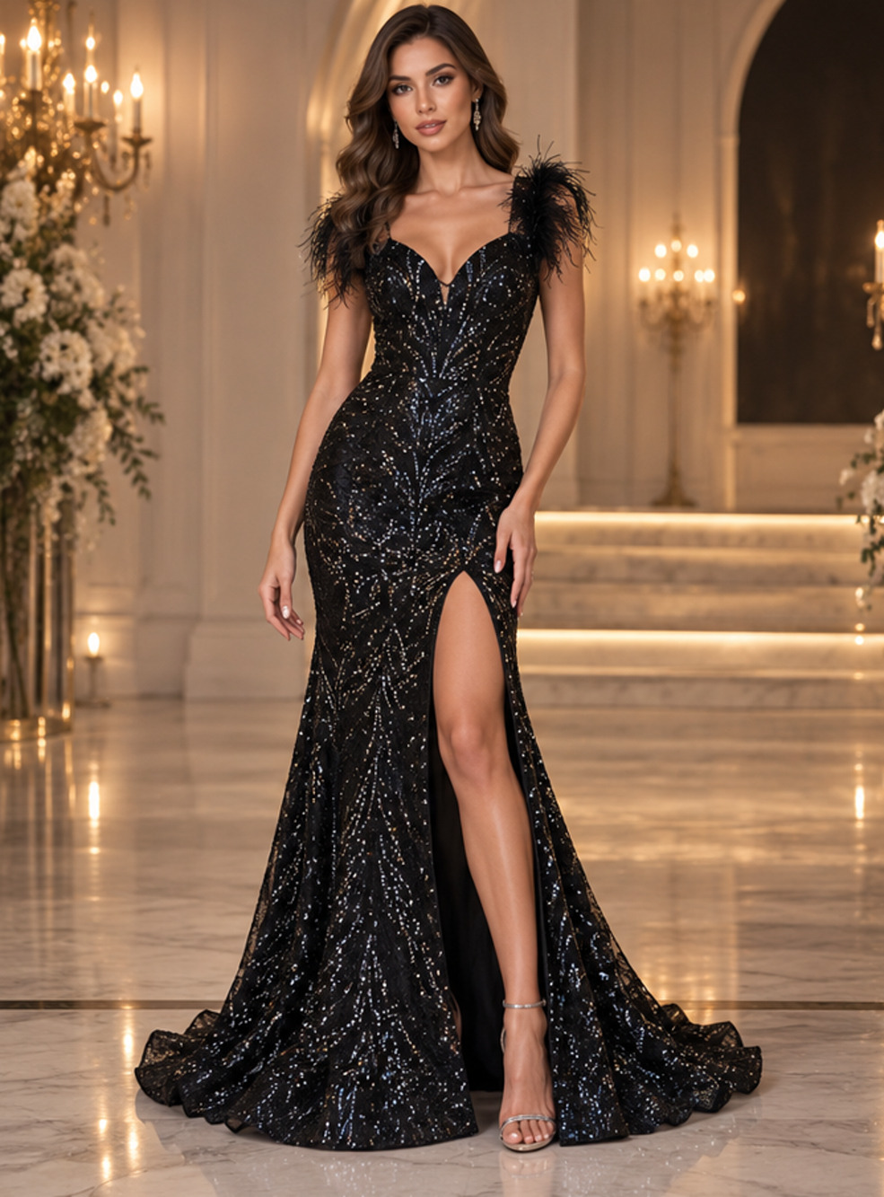 Black Sequin Mermaid Gown Sz 4 Feather Trim Lace Up Back Formal Prom Dress Glam